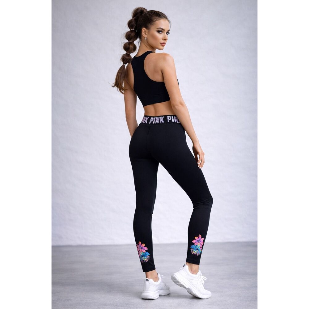 PINK Victoria’s Secret Tropical Floral Bling Yoga Leggings L Black Sequin Waist - Picture 3 of 16